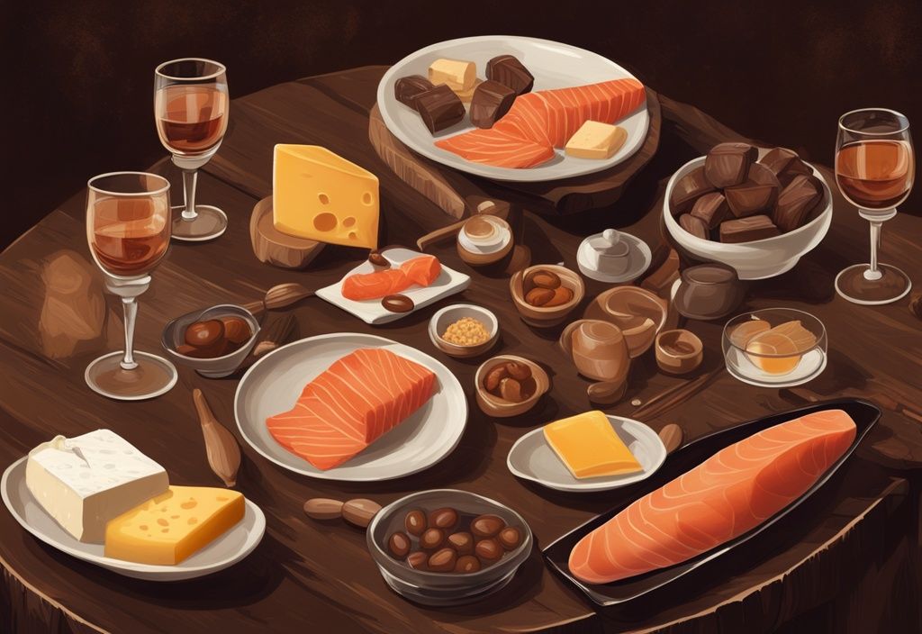 Vintage digitale Illustration mit braunem Farbschema, zeigt eine Auswahl an Gourmetgerichten wie Käse, Schokolade und Räucherlachs auf einem Holztisch, neben einer Auswahl an Whiskygläsern; was isst man zum Whisky Tasting.