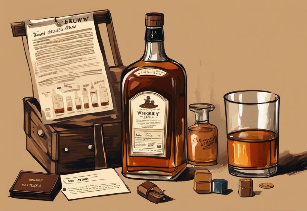 Hochwertige Flasche Whisky mit Preisschild, umgeben von verschiedenen günstigeren Whiskyflaschen in einer vintage digitalen Malerei mit braunem Farbschema.