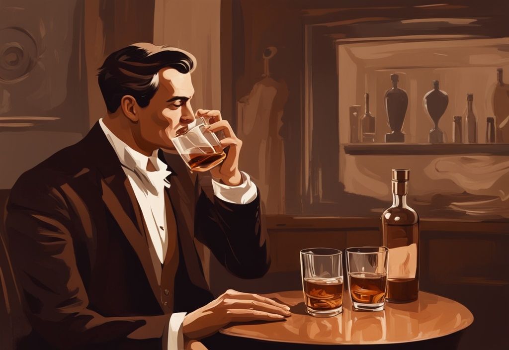 Vintage digitale Malerei eines Mannes in einem eleganten Ambiente, der ein Glas Whiskey schwenkt und kurz davor ist, einen Schluck zu nehmen - wie trinkt man Whiskey.