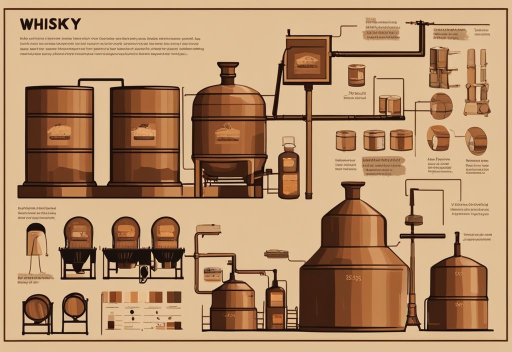 Vintage-Digitalgemälde-Illustration: Vereinfachte Infografik der Whisky Herstellung einfach erklärt, von der Getreideauswahl bis zur Abfüllung, Hauptfarbthema braun.