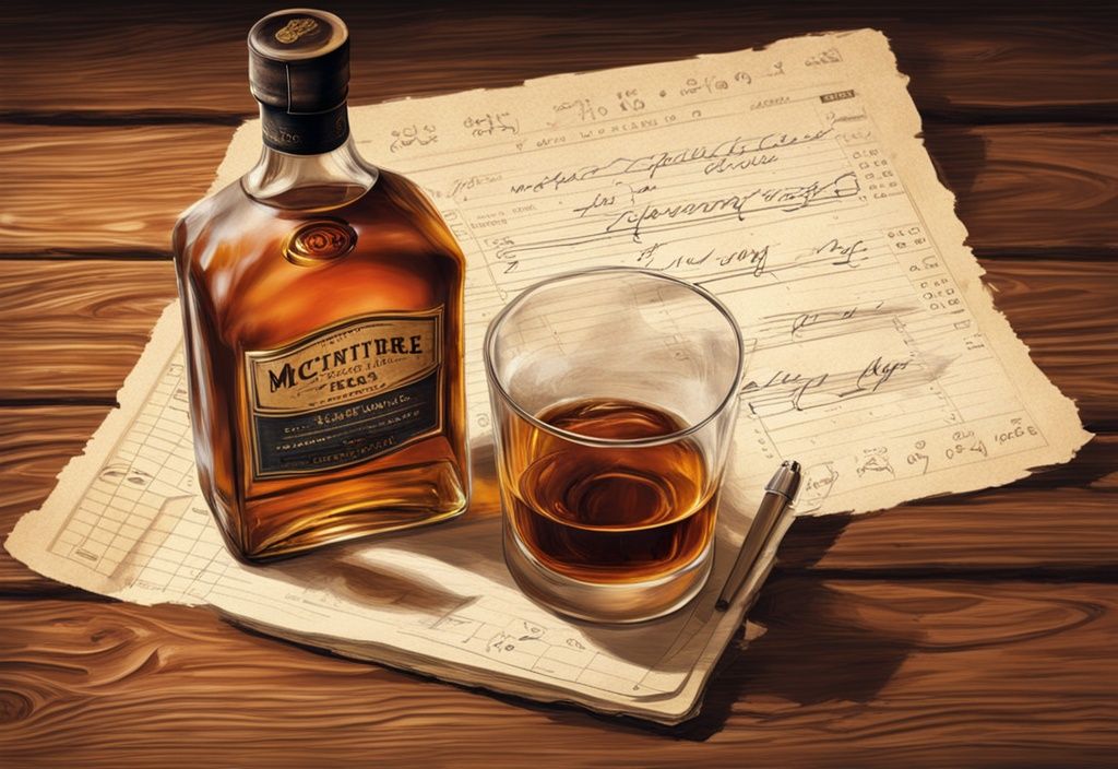 Nahaufnahme einer Flasche Mcintyre Whisky, ein halb gefülltes Verkostungsglas und ein Bewertungsbogen mit Stift auf einem rustikalen Holztisch, digitale Vintage-Illustration in Brauntönen