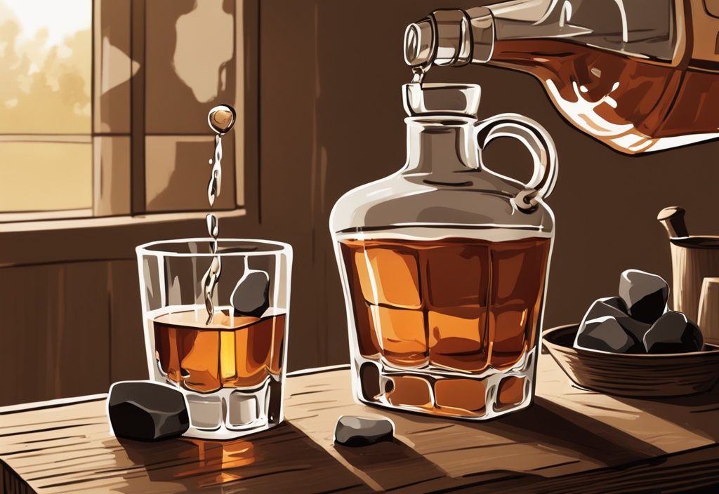 Vintage-Digitalgemälde-Illustration: Person gießt elegant Whisky aus einer hochwertigen Flasche in ein Glas, mit Wasserkrug, Eiskübel und Whiskysteinen auf einem Holztisch daneben. Keyword: wie serviert man Whisky.