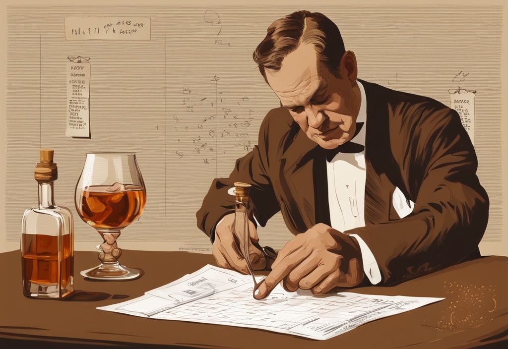 Vintage-Digital-Gemälde mit braunem Farbschema, Hand gießt ein Glas Mcintyre Whisky ein, Verkostungsnotizen und Bewertungskarte im Hintergrund, Mcintyre Whisky Test.