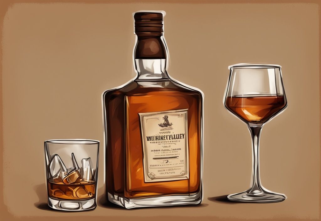 Vintage-Digitalgemälde-Illustration eines Whiskyflasche mit klarer Etikettierung der Alkoholprozentsatz, neben einem gefüllten Whiskyglas, Hauptfarbthema braun