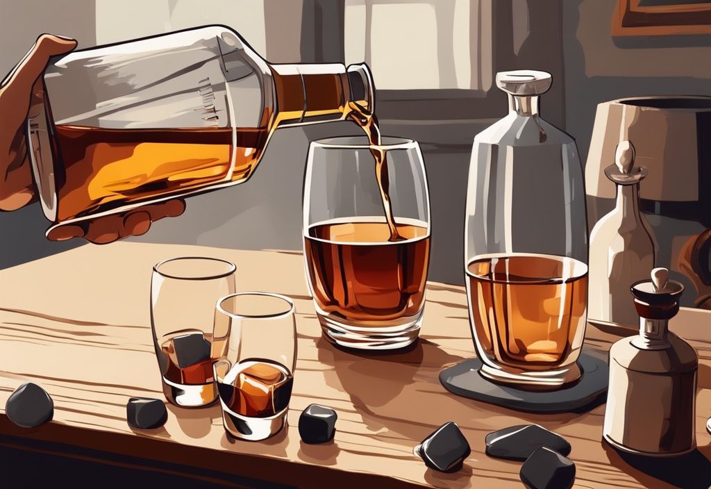 Vintage-Digitalmalerei: Person schenkt elegant Whisky aus einer hochwertigen Flasche in ein Glas ein, mit Wasserkrug, Eiskübel und Whisky-Steinen auf einem Holztisch daneben - wie serviert man Whisky.