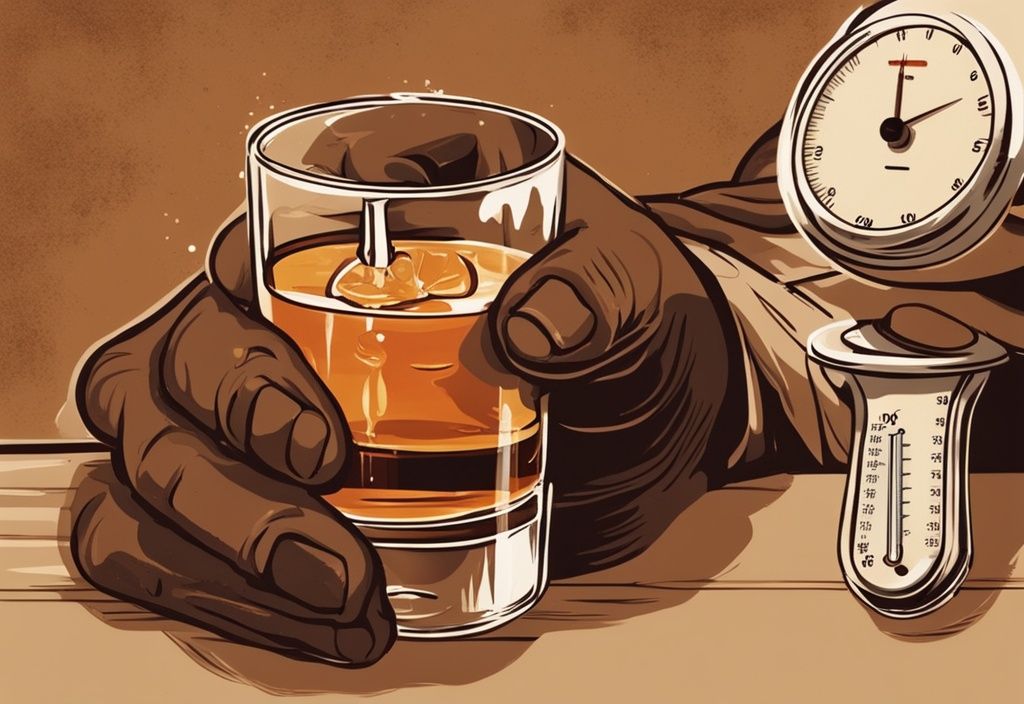 Nahaufnahme einer Hand, die ein Whiskyglas mit einem Thermometer hält, zeigt die perfekte Trinktemperatur, vintage digitale Malerei, braunes Farbschema.