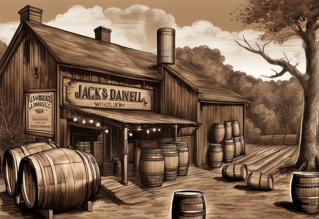 Vintage Digitale Illustration einer Karte von Lynchburg, Tennessee, mit hervorgehobener Jack Daniel's Destillerie, umgeben von Fässern und Flaschen Jack Daniel's Whisky, woher kommt der Whisky Jack Daniels.