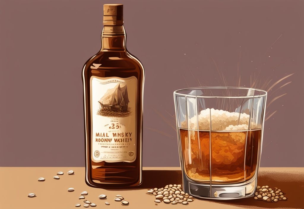 Nahaufnahme eines Glases Malt Whisky mit einer Flasche im Hintergrund und verstreuten Gerstenkörnern, was ist Malt Whisky.