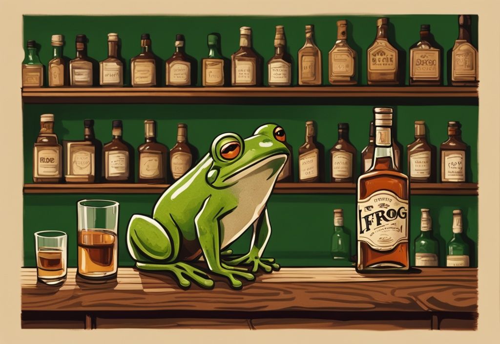 Vintage Digitale Malerei Illustration, rustikaler Holzbartresen, Le Frog Whiskey Flasche, gefülltes Glas, grüner Froschfigur hinter der Flasche