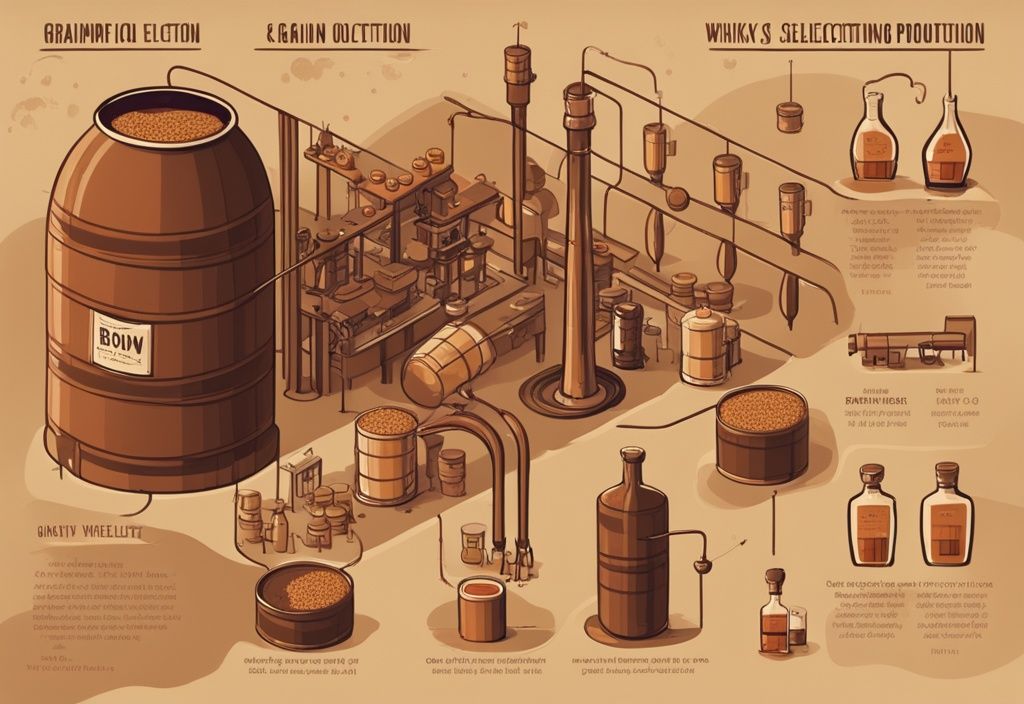 Vintage-Digitalgemälde-Illustration des Whiskyproduktionsprozesses von der Getreideauswahl bis zur Abfüllung, braunes Farbschema