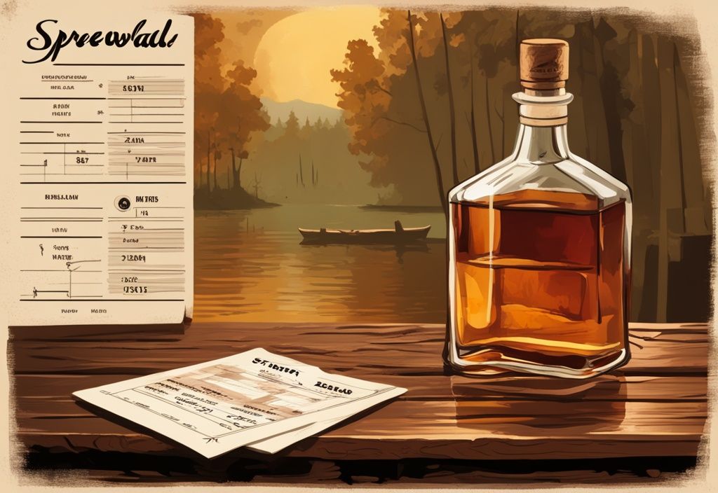 Vintage Digital Painting Illustration von einem Whiskyglas mit Bernsteinflüssigkeit auf einem rustikalen Holztisch, umgeben von einer Flasche Spreewald Whisky, einer Verkostungskarte und einer malerischen Kulisse der Spreewald-Region.