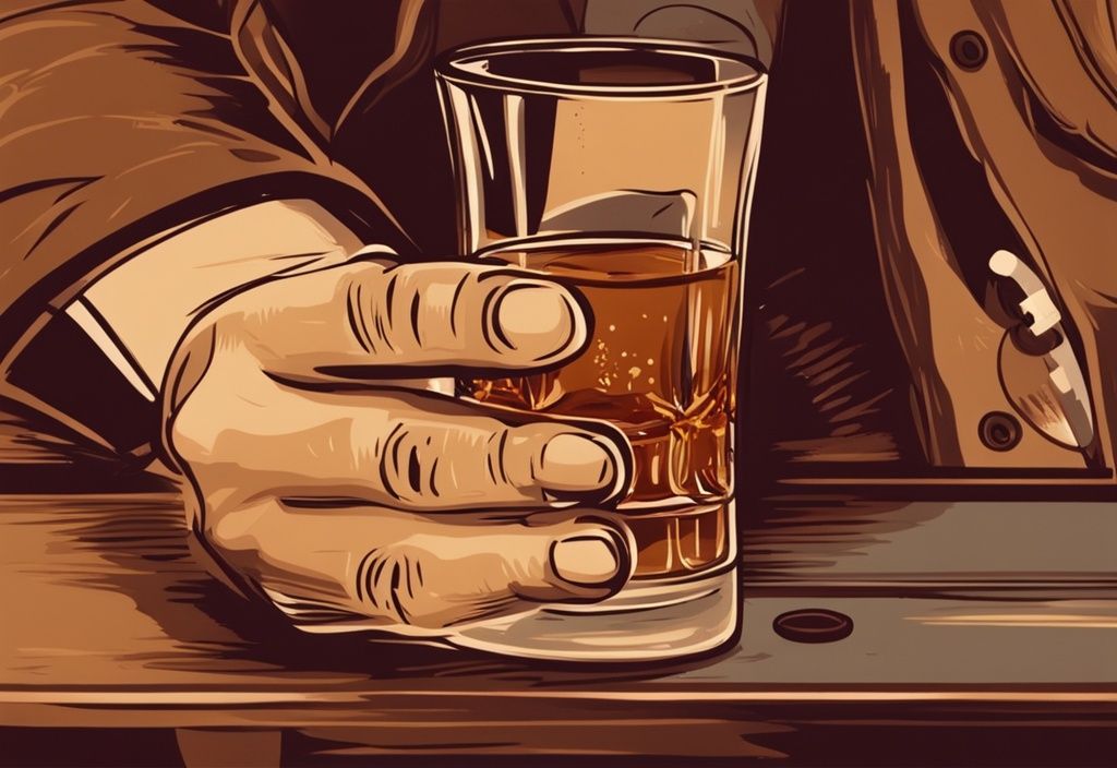 Nahaufnahme einer Hand, die ein Whiskyglas mit einem Thermometer hält, das die optimale Trinktemperatur anzeigt, digital gemalte Vintage-Illustration in Brauntönen