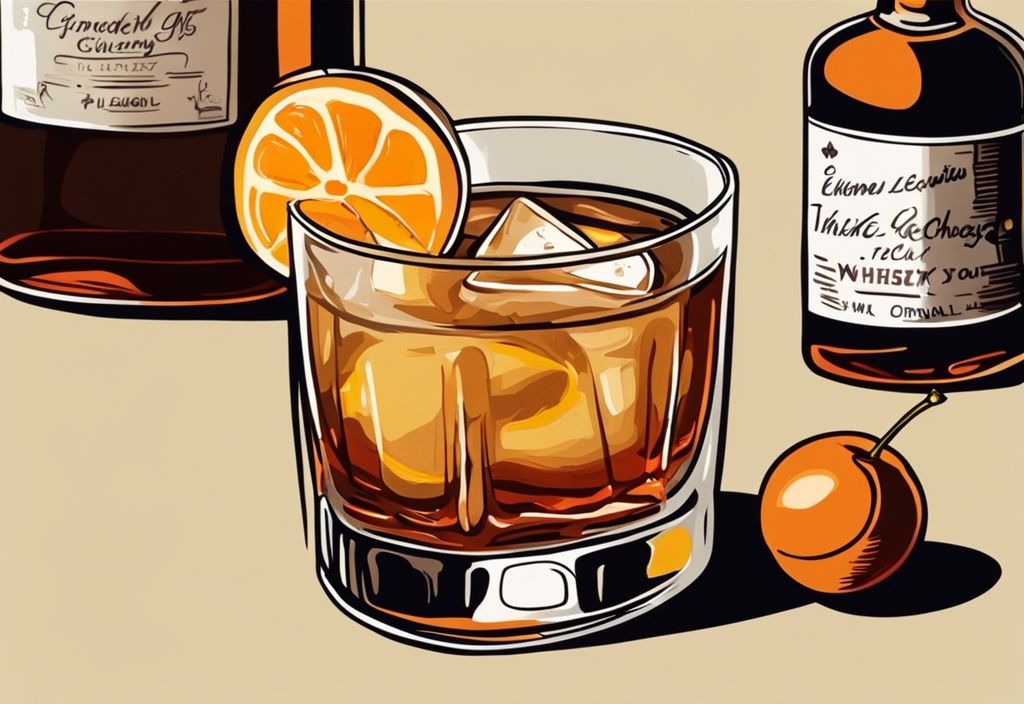 Vintage digitale Illustration eines Whisky Sour Cocktails in einem Tumbler-Glas mit Orangenscheibe und Kirsche, neben einer Whiskyflasche und einer Zitrone.