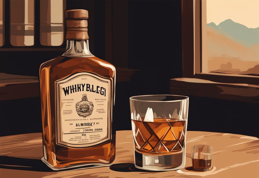 Vintage-Digitalgemälde-Illustration eines Whiskyflasche mit einem Etikett, das zeigt, wie viel Prozent hat Whisky, neben einem gefüllten Whiskyglas.