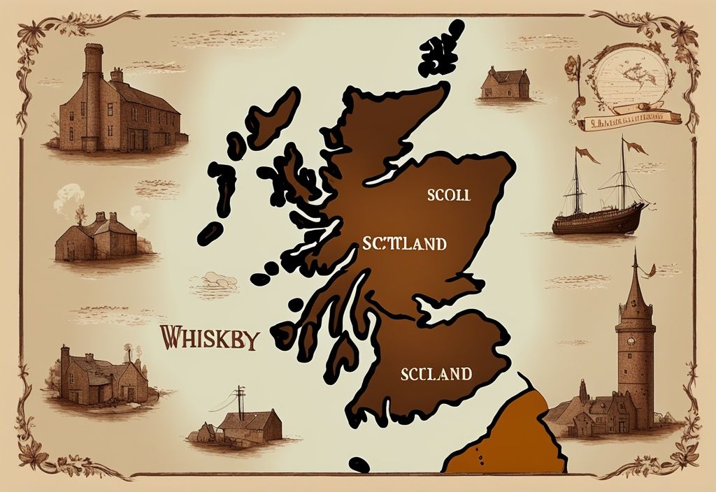 Vintage digitale Malerei Illustration einer Karte von Schottland mit braunem Farbthema, die zeigt, wie viele Whisky Brennereien gibt es in Schottland, mit Miniaturillustrationen der Brennereien an ihren Standorten.