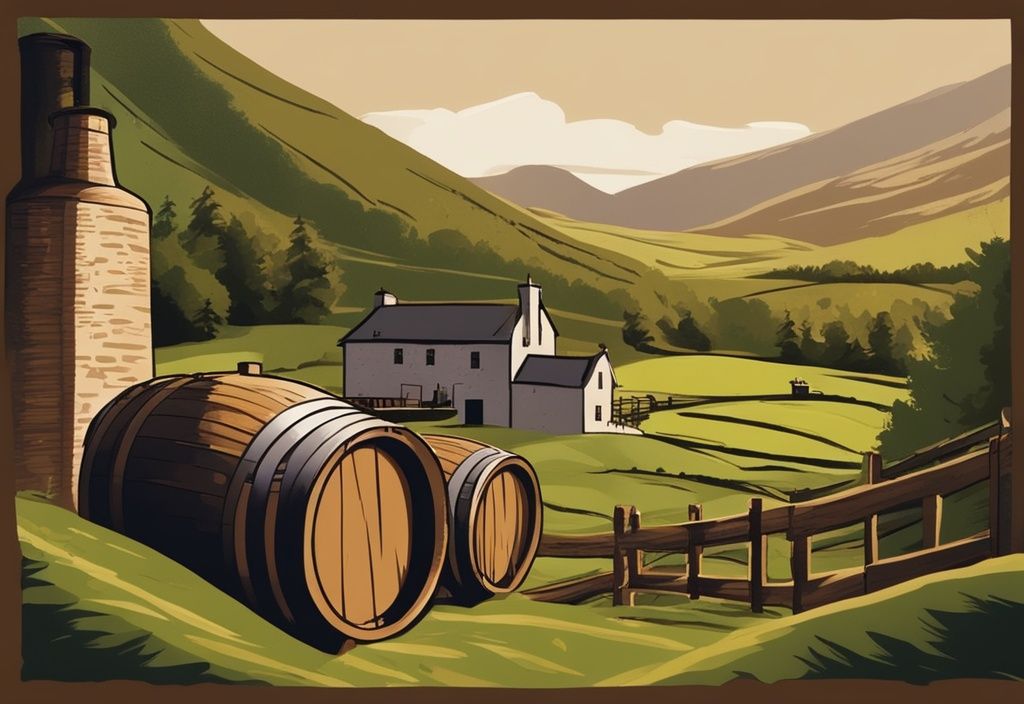 Vintage-Digitalmalerei einer traditionellen schottischen Brennerei in den grünen Highlands mit Whiskyfässern und Getreide im Vordergrund, Hauptfarbton braun