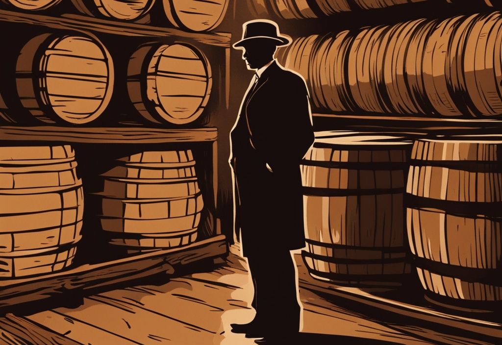 Vintage-Digitalgemälde mit geheimnisvoller Silhouette vor Whiskyfässern, die auf die rätselhafte Persona hinter Blackwood Whisky hinweist.