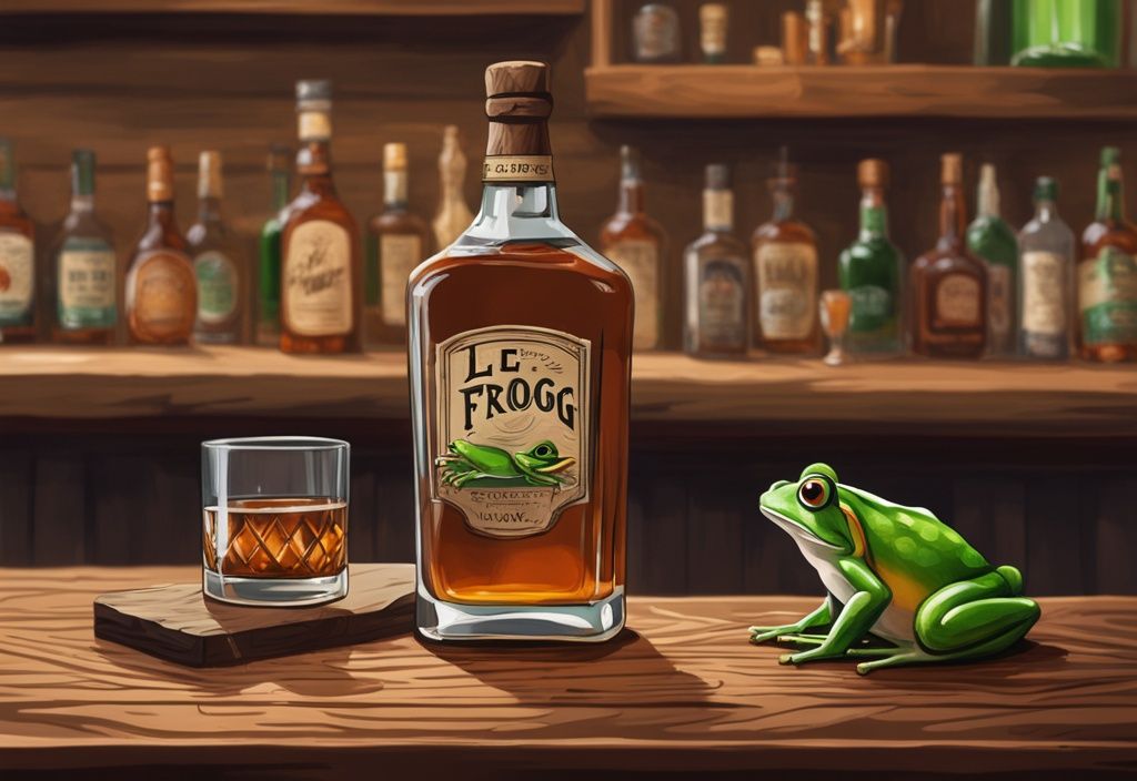 Vintage-Digitalmalerei mit rustikalem Holztresen, Le Frog Whiskeyflasche, gefülltem Glas und grünem Froschfigur.