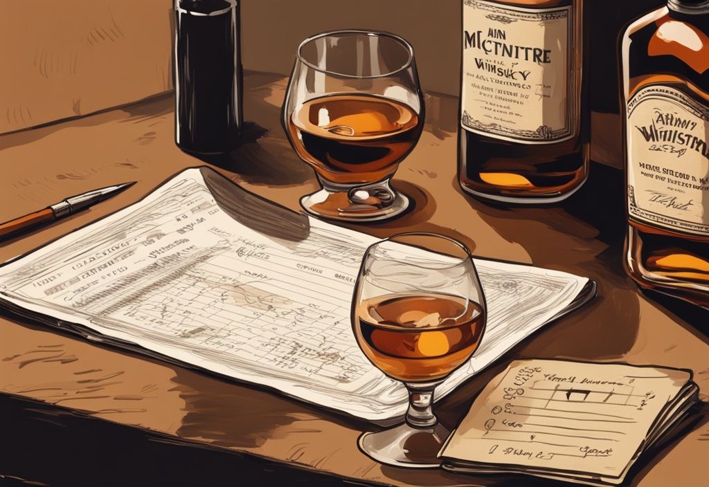 Vintage digitale Malerei mit braunem Farbschema: Hand gießt ein Glas Mcintyre Whisky, Tasting Notes Karte und Bewertungsbogen im Hintergrund – Mcintyre Whisky Test.