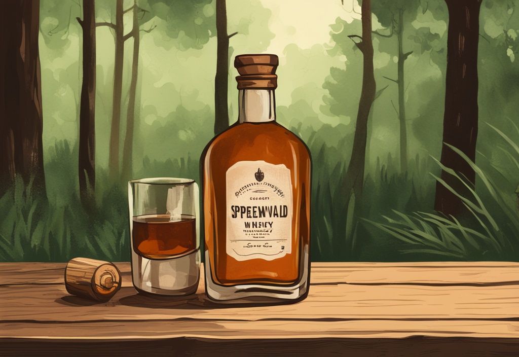 Vintage-Digitalillustration einer rustikalen Flasche Spreewald Whisky auf einem Holztisch, umgeben von üppigem Grün des Spreewalds