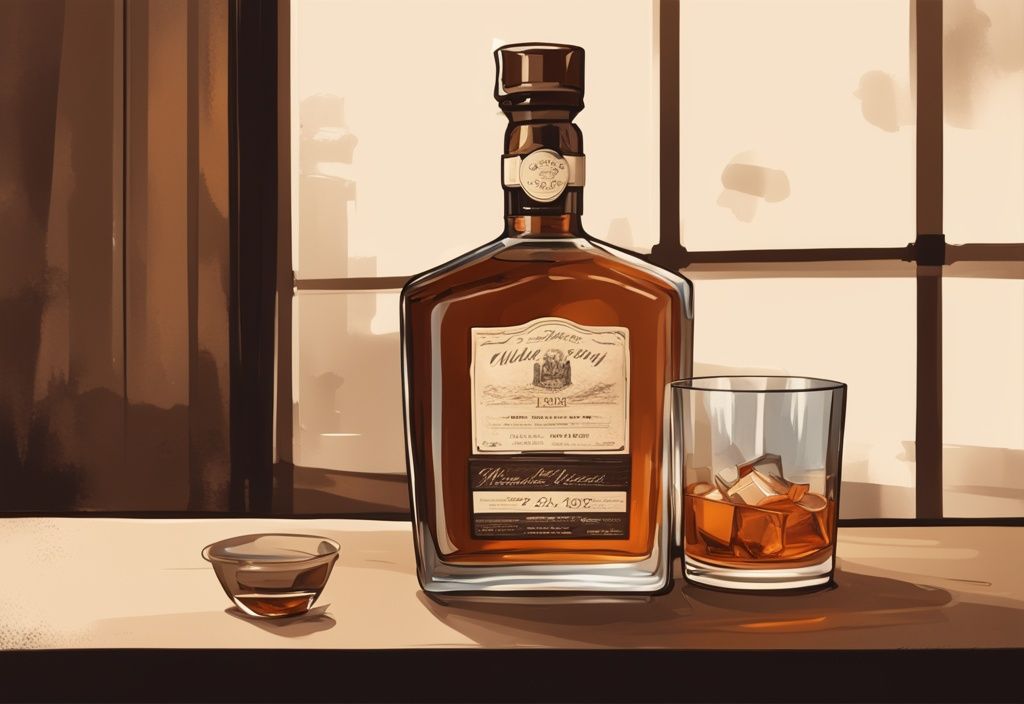 Vintage-Digital-Gemälde-Illustration mit braunem Farbthema, hochwertige Whiskyflasche mit Preisschild in luxuriöser Umgebung - was kostet ein guter Whisky