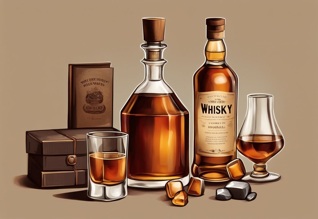 Vintage-Digitalgemälde mit braunem Farbschema, das Whisky-Geschenke zeigt: eine Flasche Premium-Whisky, Kristallgläser, Whisky-Dekanter, Verkostungsjournal und Whisky-Steine. Perfekte Antwort auf die Frage: was schenkt man einem Whisky Liebhaber.