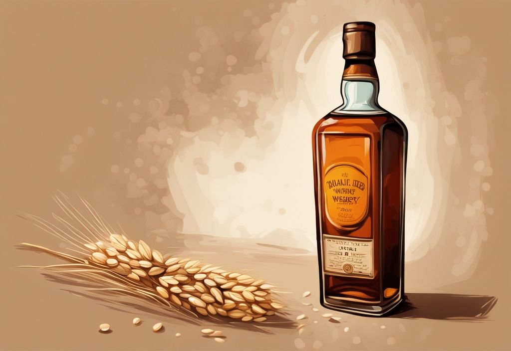 Nahaufnahme eines Glases Malt Whisky mit Flasche im Hintergrund und verstreuten Gerstenkörnern, was ist Malt Whisky