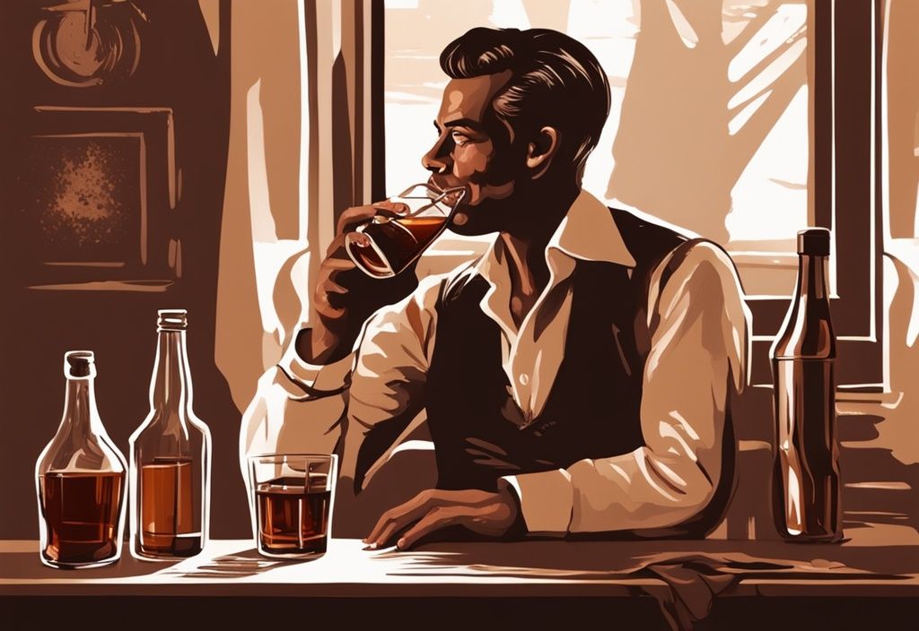 Vintage-Digitalgemälde einer Person, die elegant Whisky Cola aus einem Glas trinkt, mit einer Whiskyflasche und einer Coladose im Hintergrund. Keyword: wie trinkt man Whisky Cola.