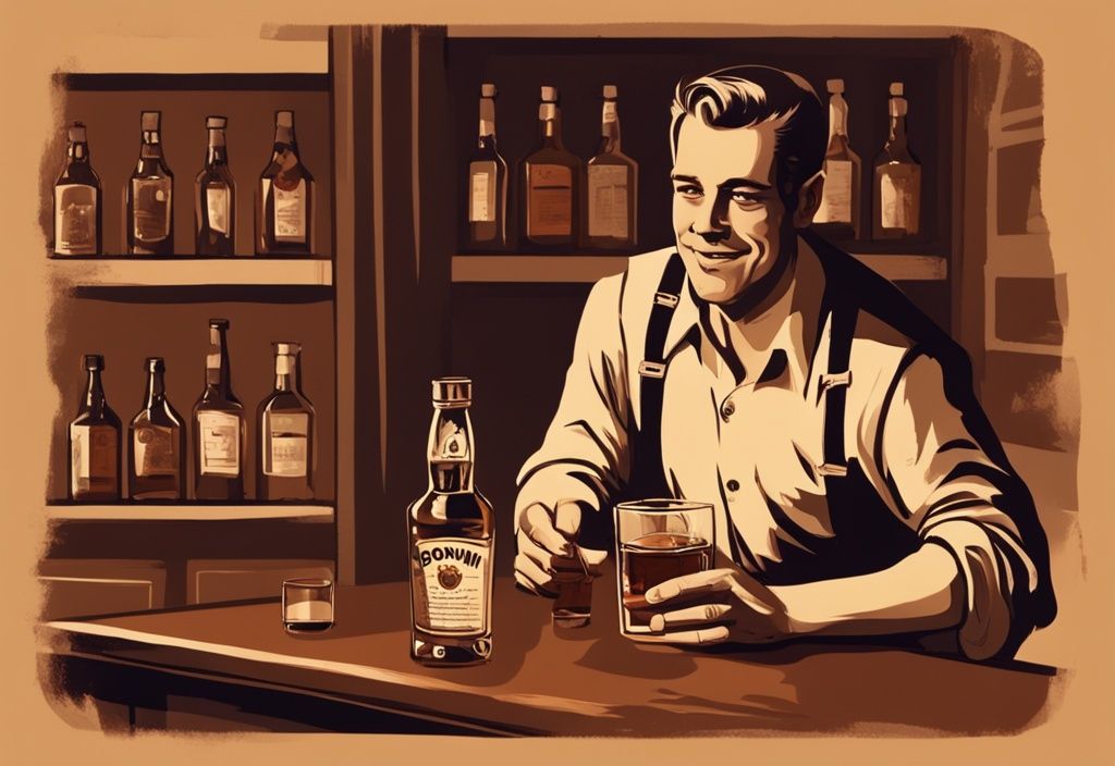 Vintage-Digitalgemälde einer Person mit Whisky-Cola und Anleitung zum richtigen Trinken im Hintergrund, Hauptfarbe Braun