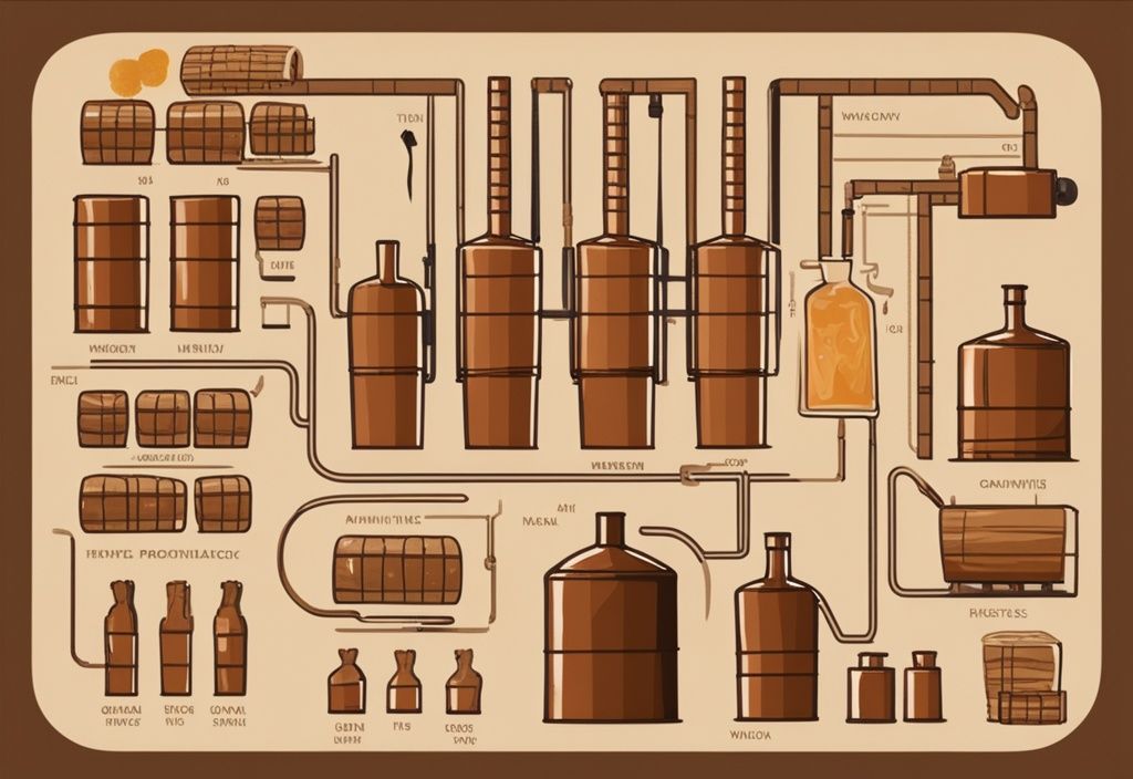 Vintage-Digitalbild-Illustration, Whisky Herstellung einfach erklärt, braunes Farbschema, Infografik des Whisky-Produktionsprozesses von der Getreideauswahl bis zur Abfüllung.