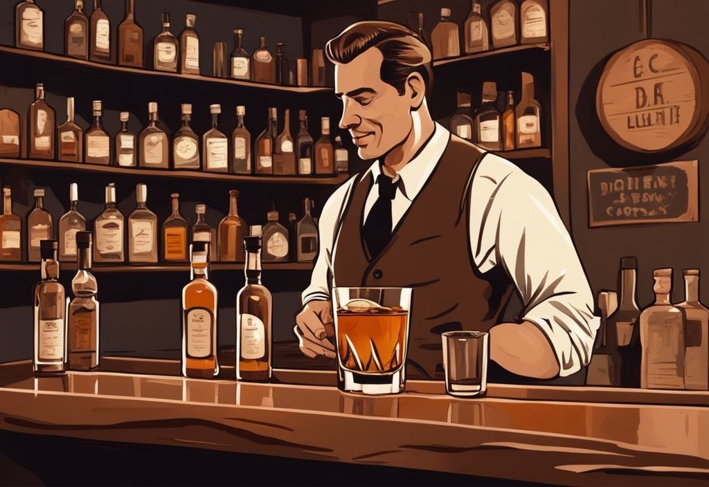 Vintage digitale Malerei einer Bar mit einem Barkeeper, der Whisky in ein Glas einschenkt, mit einer Flasche, Eiswürfeln und Whisky-Steinen auf der Theke, in braunen Farbtönen.