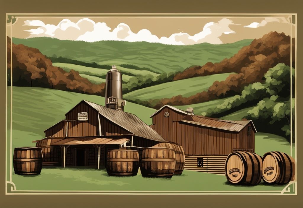 Vintage digitale Malerei Illustration der Jack Daniels Destillerie in den grünen Hügeln von Lynchburg, Tennessee, mit Whiskeyfässern im Vordergrund, Hauptfarbthema braun