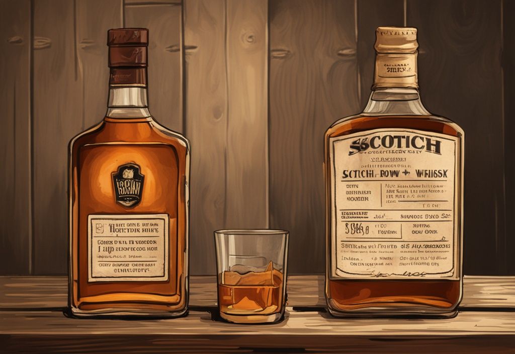 Vintage-Digitalgemälde mit braunem Farbschema: Zwei Flaschen auf einem rustikalen Holztisch, eine mit Scotch und die andere mit Whisky beschriftet, im Hintergrund eine Vergleichstabelle, die erklärt, was ist der Unterschied zwischen Scotch und Whisky.