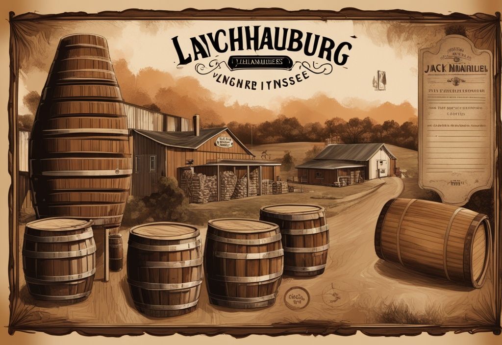 Vintage digitale Illustration einer detaillierten Karte von Lynchburg, Tennessee, mit hervorgehobener Jack Daniel's Distillery, umgeben von Fässern und Flaschen Jack Daniels Whisky; Thema: woher kommt der Whisky Jack Daniels.