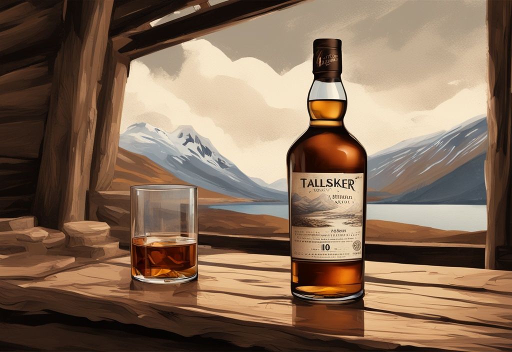 Vintage-Digitalgemälde mit Talisker 10 Whisky-Flasche und gefülltem Glas auf rustikalem Holztisch vor schottischen Highlands-Hintergrund