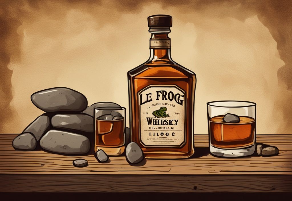 Vintage-Digitalgemälde mit braunem Farbthema: Le Frog Whiskey-Flasche auf einem rustikalen Holztisch, umgeben von Whiskeygläsern und verstreuten Whiskey-Steinen.