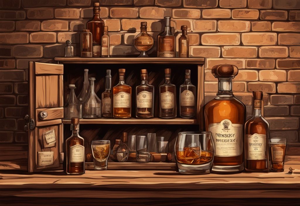 Vintage-Digital-Gemälde mit braunem Farbschema zeigt einen hölzernen Whisky-Schrank mit verschiedenen Whiskyflaschen, einer Kristallkaraffe und Whiskygläsern vor einer rustikalen Backsteinwand