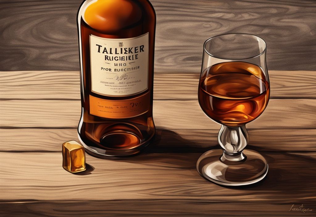 Nahaufnahme einer Flasche Talisker Port Ruighe Whisky und einem gefüllten Glas auf einem rustikalen Holztisch, braunes Farbschema, Talisker Port Ruighe Test