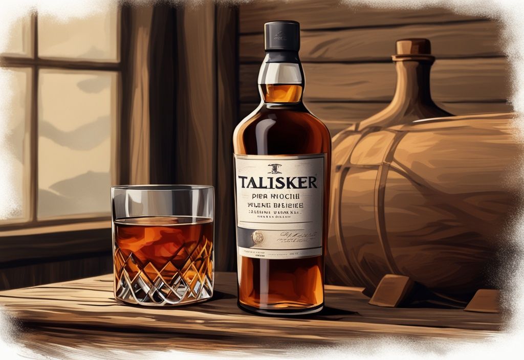 Nahaufnahme einer Flasche Talisker Port Ruighe Whisky und einem Glas mit bernsteinfarbener Flüssigkeit auf einem rustikalen Holztisch, ideal für Talisker Port Ruighe Test.