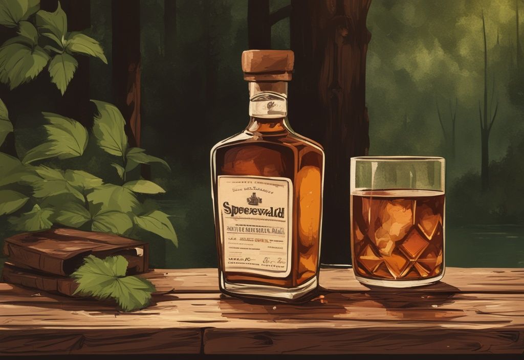 Vintage-Digital-Gemälde mit Spreewald Whisky-Flasche auf rustikalem Holztisch, umgeben von üppigem Grün des Spreewalds