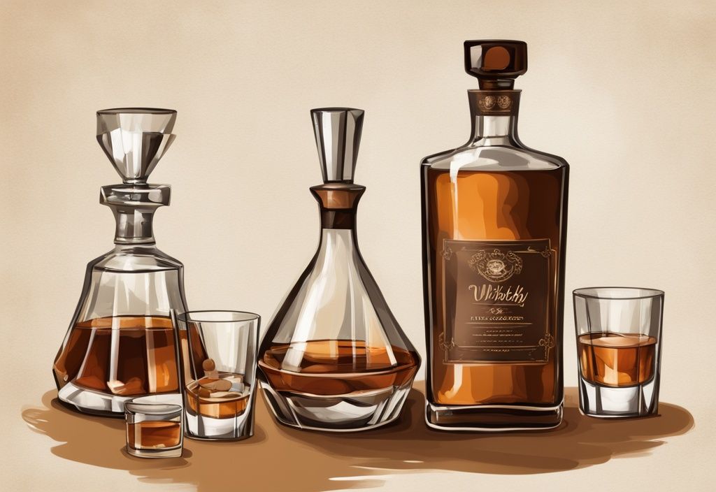 Vintage digitale Malerei mit braunem Farbschema, Geschenkideen für Whisky-Liebhaber: hochwertige Whiskyflasche, Kristallgläser, Whisky-Tagebuch und Whisky-Dekanter-Set.