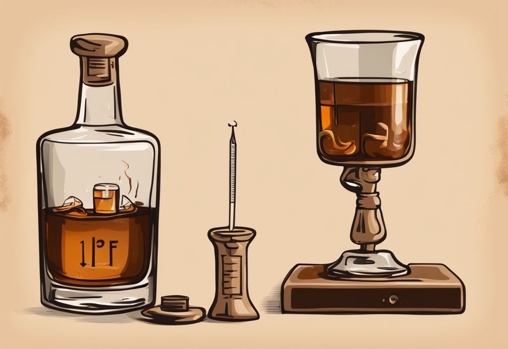 Vintage-Digitalgemälde mit braunem Farbschema, Whiskyglas und Thermometer, das die ideale Whisky Trinktemperatur anzeigt.