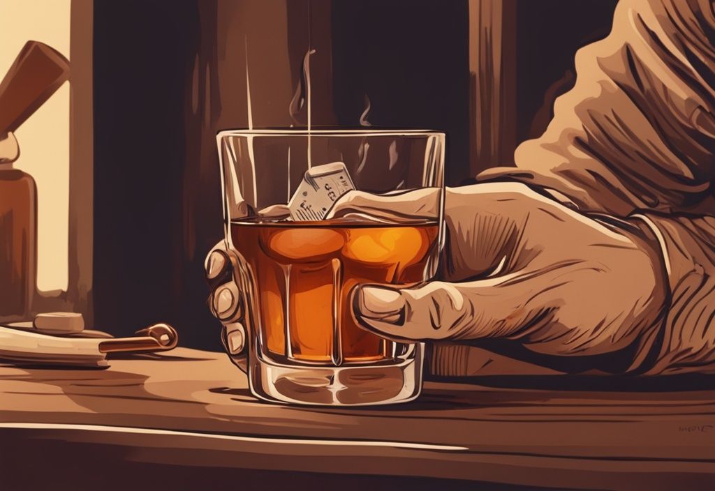 Nahaufnahme einer Hand, die ein Glas Whisky mit einem Thermometer hält, das die perfekte Trinktemperatur anzeigt, in einem vintage digitalen Gemälde in Brauntönen.