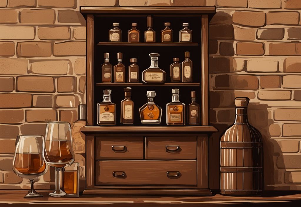 Vintage-Digitalgemälde einer Whisky-Vitrine aus Holz mit verschiedenen Whiskyflaschen, Kristallkaraffe und Whiskygläsern vor einer rustikalen Ziegelwand.