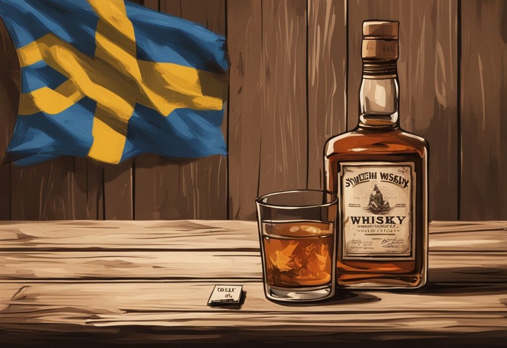 Vintage-Digitalgemälde mit braunem Farbschema: Whiskyflasche auf rustikalem Holztisch mit Preisschild und schwedischer Flagge im Hintergrund.