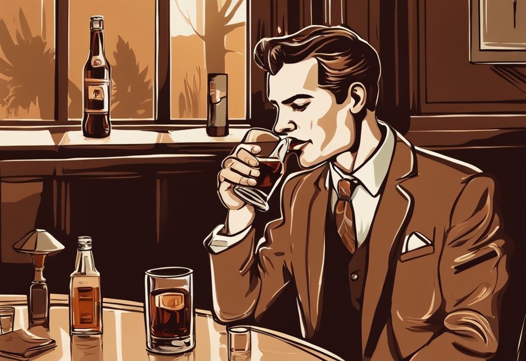 Vintage digitale Malerei: Person trinkt elegant Whisky Cola aus einem Glas, mit einer Flasche Whisky und einer Dose Cola im Hintergrund - wie trinkt man Whisky Cola