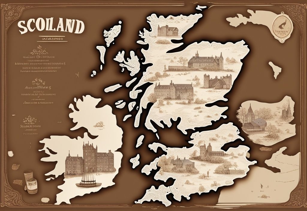 Vintage digitale Illustration einer Karte von Schottland mit braunem Farbschema, die zeigt, wie viele Whisky Brennereien gibt es in Schottland, mit Miniaturillustrationen der Brennereien an ihren Standorten.