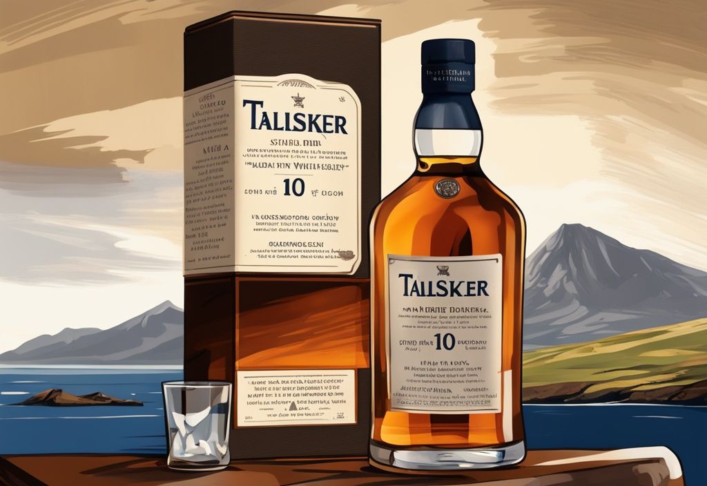 Nahaufnahme einer Talisker 10 Flasche und einem Glas mit Whisky vor der Kulisse der schottischen Isle of Skye, Talisker 10 Test