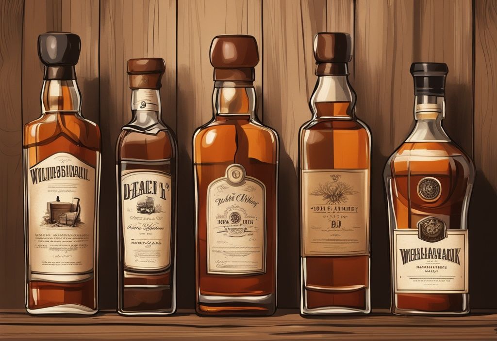 Vintage-Digitalgemälde-Illustration mit braunem Farbschema, zeigt hochwertige Whiskyflaschen als Geschenke auf einem Holztisch – was ist ein guter Whisky zum Verschenken.