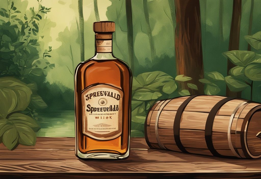 Vintage-Digitalgemälde mit brauner Farbgebung: Spreewald Whisky-Flasche auf rustikalem Holztisch, umgeben von üppigem Grün des Spreewalds.